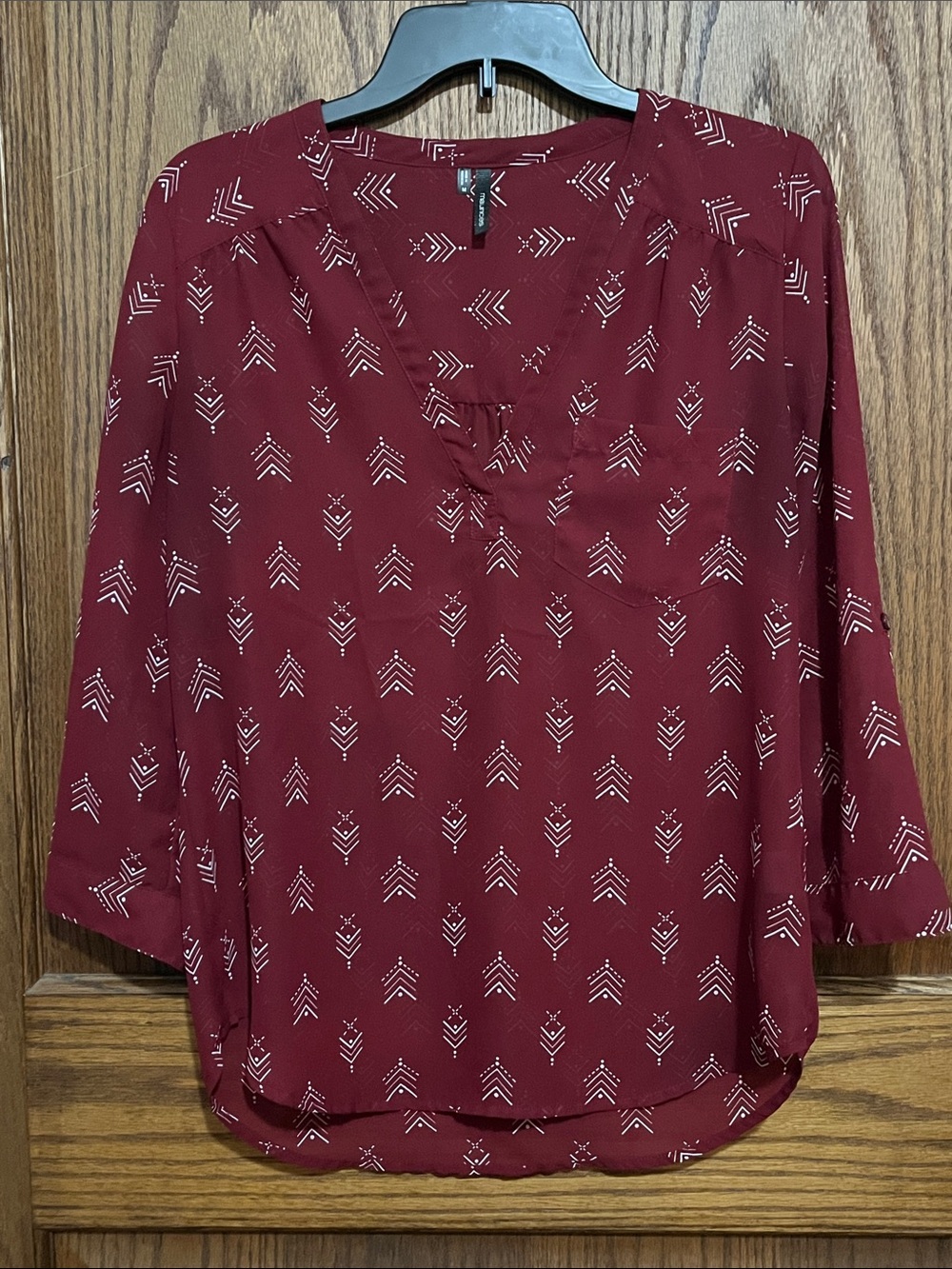 Maurices Maroon Geometric Print V-Neck Blouse